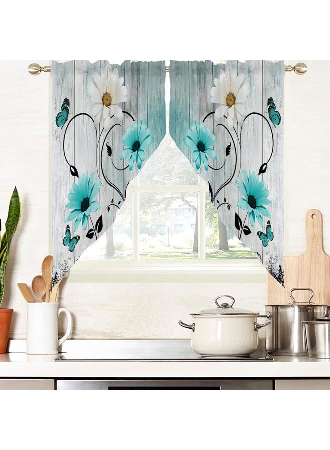 AAtter Teal Floral Kitchen Valance Curtain for Window Turquoise Aqua Flower Rustic Country White Daisy Butterfly Small Short Home Living Room Bedroom Bathroom Drape Fabric 1 Pair, 28" W x 36" L, Cute - Image 1