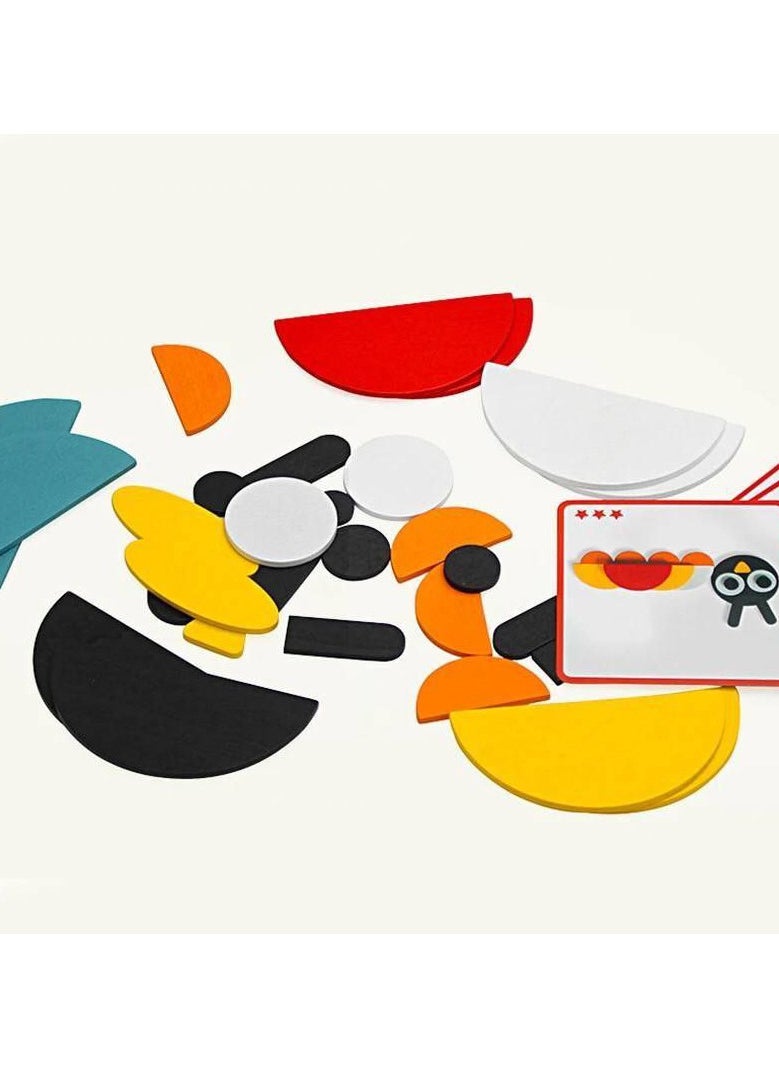Generic - Junimo Imported – Shape and Animal Puzzle Enjoy creating unique shapes and animals like penguins, butterflies, and birds using brightly colored pieces, along with 20 cards featuring different shapes. This game is perfect for developing children's thinking and concentration skills, offering them a fun and educational learning experience! - Image 1