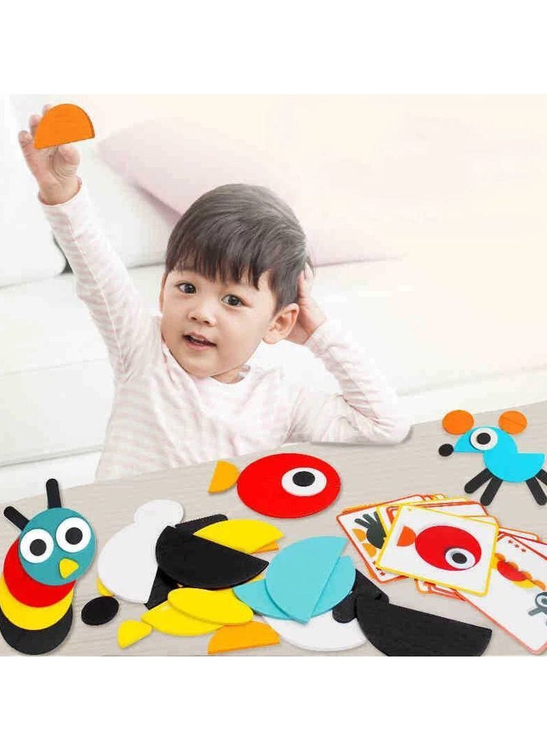 Generic - Junimo Imported – Shape and Animal Puzzle Enjoy creating unique shapes and animals like penguins, butterflies, and birds using brightly colored pieces, along with 20 cards featuring different shapes. This game is perfect for developing children's thinking and concentration skills, offering them a fun and educational learning experience! - Image 1