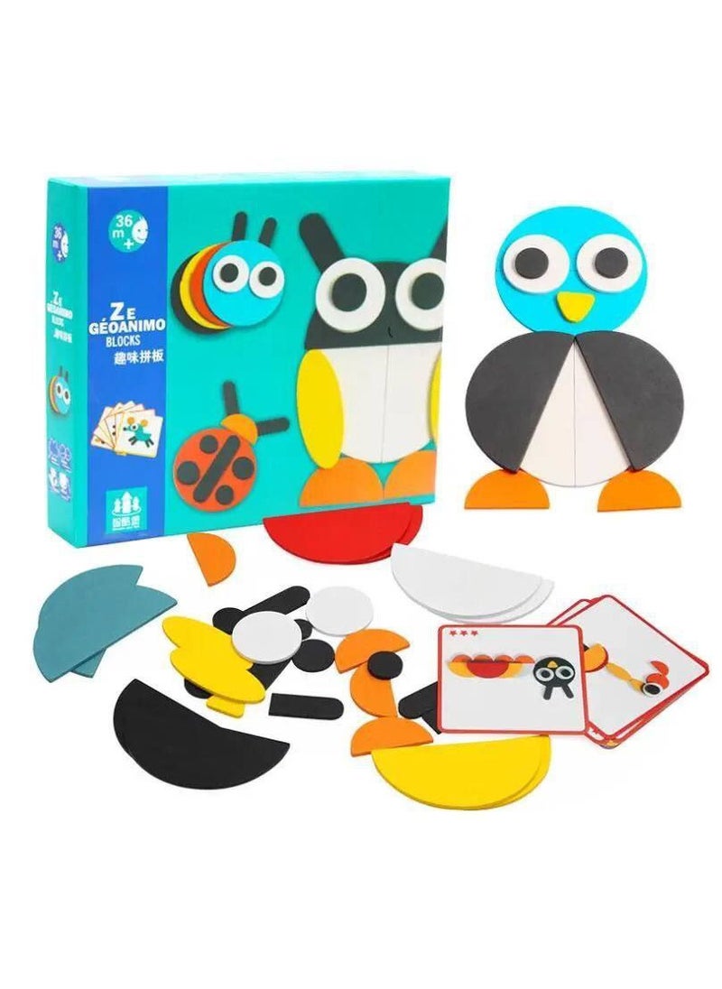 Generic - Junimo Imported – Shape and Animal Puzzle Enjoy creating unique shapes and animals like penguins, butterflies, and birds using brightly colored pieces, along with 20 cards featuring different shapes. This game is perfect for developing children's thinking and concentration skills, offering them a fun and educational learning experience! - Image 1