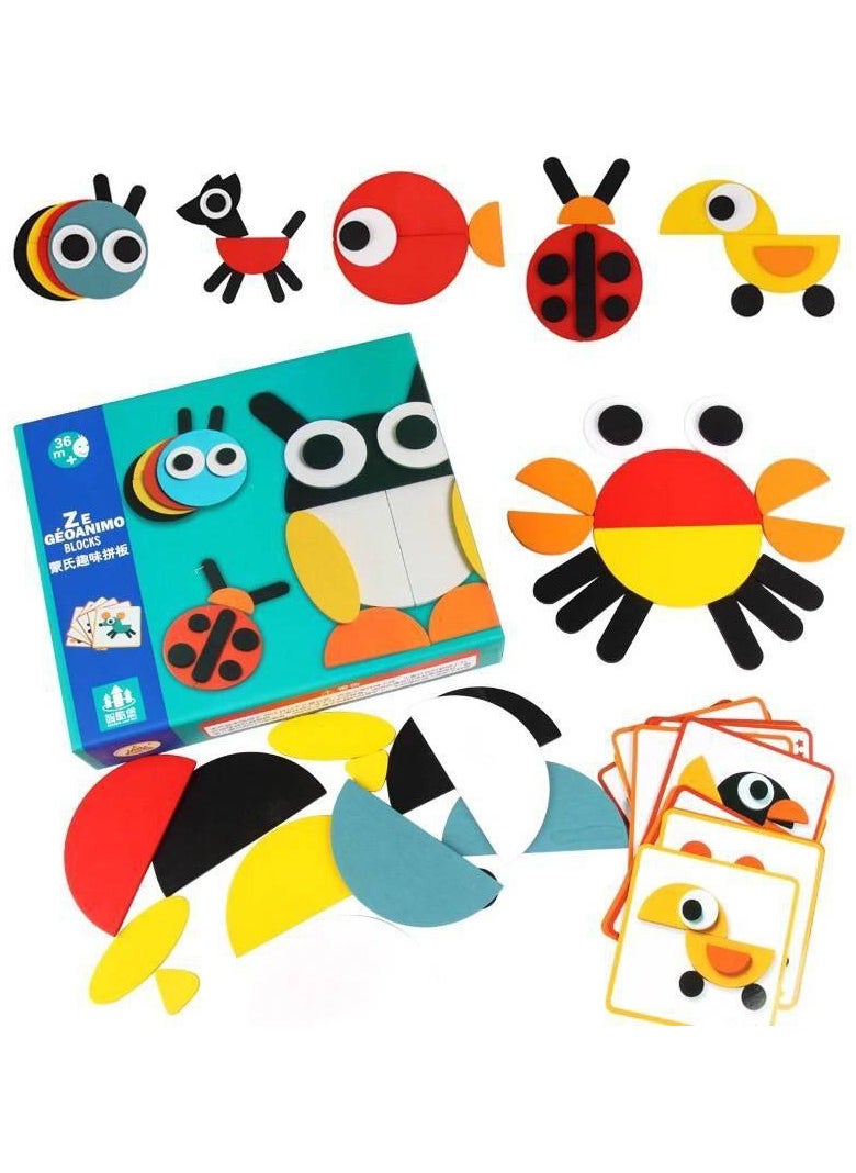 Generic - Junimo Imported – Shape and Animal Puzzle Enjoy creating unique shapes and animals like penguins, butterflies, and birds using brightly colored pieces, along with 20 cards featuring different shapes. This game is perfect for developing children's thinking and concentration skills, offering them a fun and educational learning experience! - Image 1