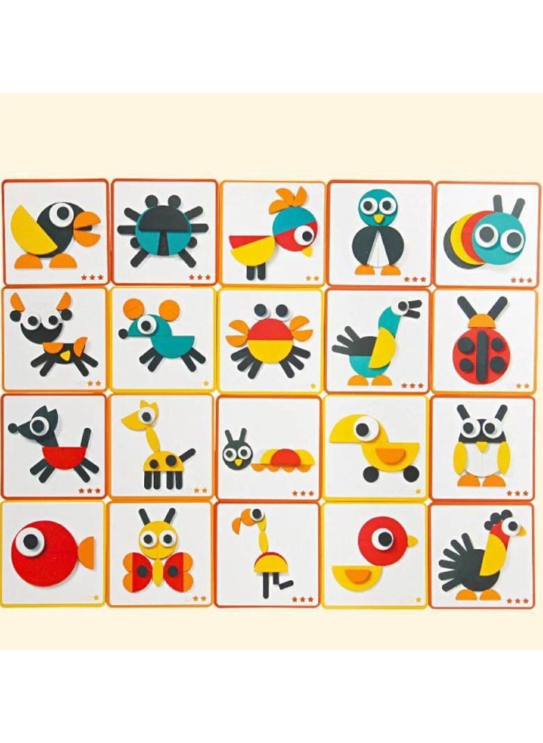 Generic - Junimo Imported – Shape and Animal Puzzle Enjoy creating unique shapes and animals like penguins, butterflies, and birds using brightly colored pieces, along with 20 cards featuring different shapes. This game is perfect for developing children's thinking and concentration skills, offering them a fun and educational learning experience! - Image 1