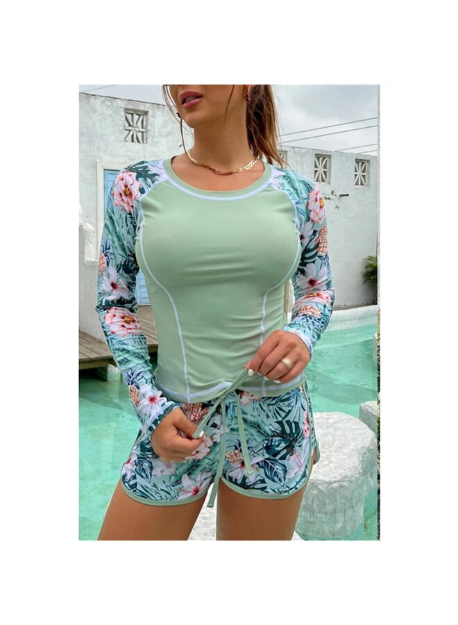 Women Rash Guard Long Sleeve Swimsuits UPF 50+ Swim Shirt Bathing Suit with Boyshort Bottom,shorts in vintage leaves pattern match with the swim shirt - Image 1