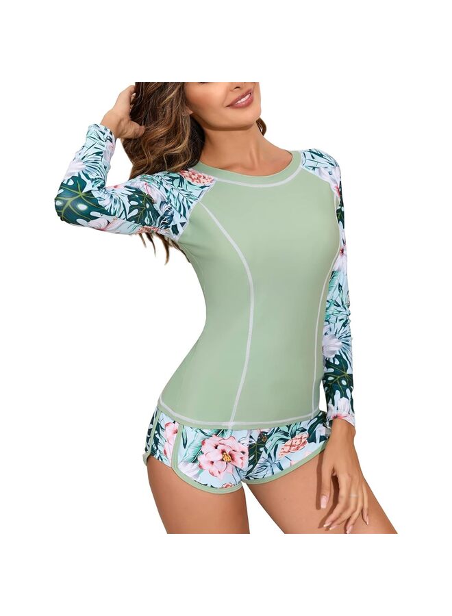 Women Rash Guard Long Sleeve Swimsuits UPF 50+ Swim Shirt Bathing Suit with Boyshort Bottom,shorts in vintage leaves pattern match with the swim shirt - Image 5