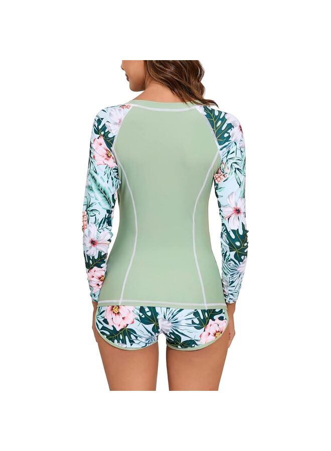 Women Rash Guard Long Sleeve Swimsuits UPF 50+ Swim Shirt Bathing Suit with Boyshort Bottom,shorts in vintage leaves pattern match with the swim shirt - Image 4