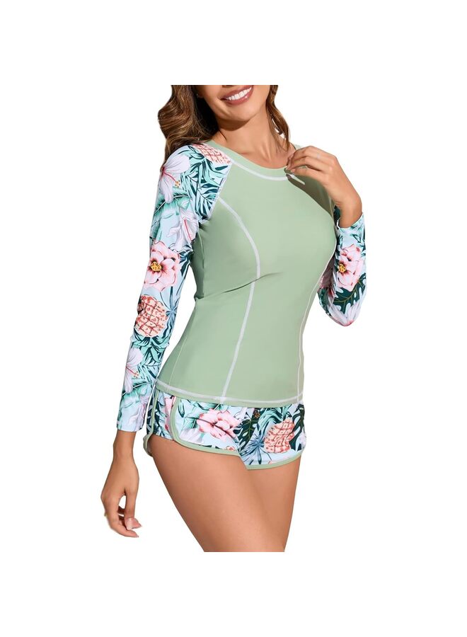 Women Rash Guard Long Sleeve Swimsuits UPF 50+ Swim Shirt Bathing Suit with Boyshort Bottom,shorts in vintage leaves pattern match with the swim shirt - Image 3