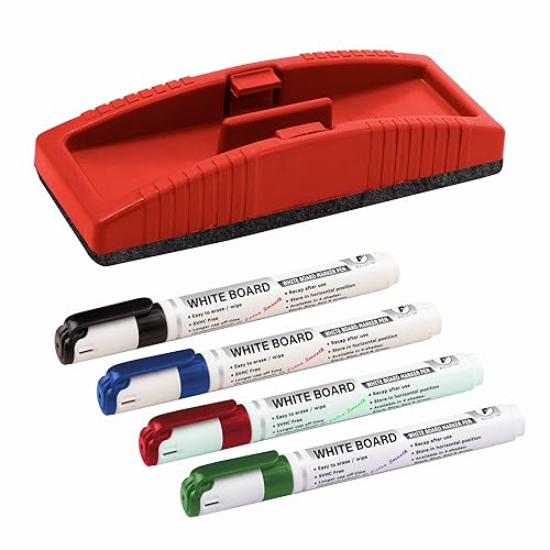YAJNAS Non Magnetic Whiteboard Duster & Markers | Set of 5 | Assorted Ink Colours | Whiteboard Duster with Easily Erasable Markers | School & Office Stationery - Image 1