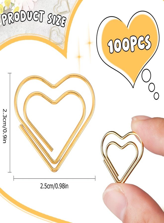 Adullpony Cute Metal Heart Paper Clips: Love Shape Gold Binder Paperclips Mini Bookmark 100Pcs Document Note Sorting Organizer for Wedding Decorative Office Supplies - Image 2