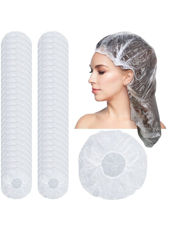 Satinior 50 Pieces Lengthen Disposable Shower Caps Waterproof Clear Elastic Bath Hair Caps for Women Big, Thick, Long Hair, Locs, Braids, for Portable Travel, Spa, Home Use, Hotel, Salon, Individually Wrapped - Image 1