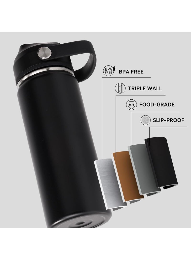 Hamzone Sports Water Bottle, Insulated Stainless Steel Thermal Water Bottle with Straw Lid, Leak Proof Double Wall Thermos for Hot and Cold Drinks, Wide Mouth, 500ml, Ideal for Gym, Office, School, Camping, Black - Image 4