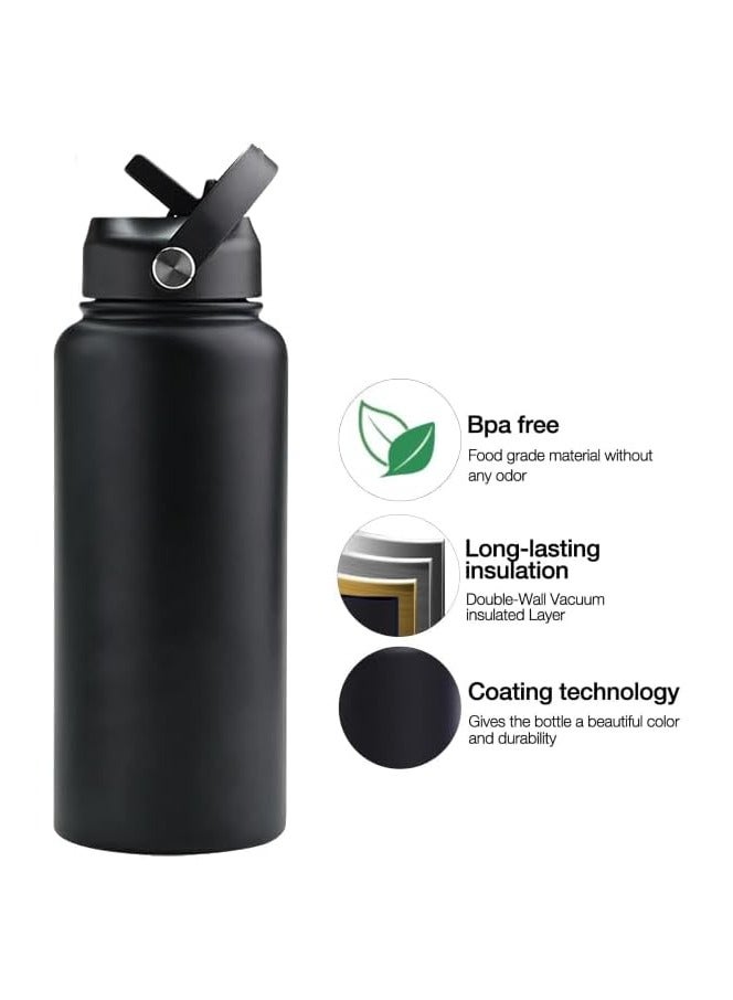 Hamzone Sports Water Bottle, Insulated Stainless Steel Thermal Water Bottle with Straw Lid, Leak Proof Double Wall Thermos for Hot and Cold Drinks, Wide Mouth, 500ml, Ideal for Gym, Office, School, Camping, Black - Image 2