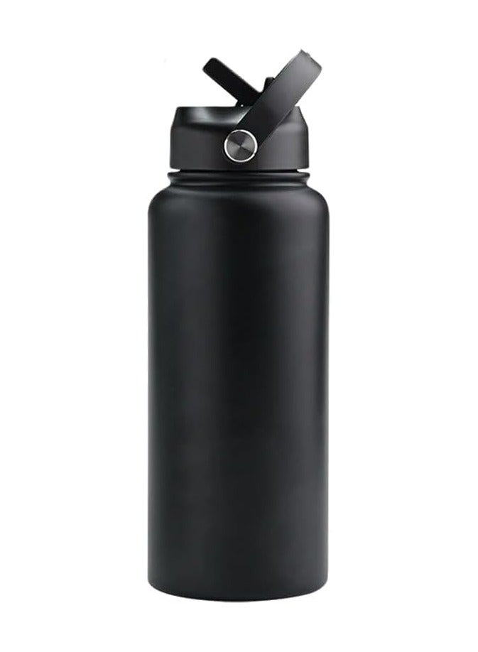 Hamzone Sports Water Bottle, Insulated Stainless Steel Thermal Water Bottle with Straw Lid, Leak Proof Double Wall Thermos for Hot and Cold Drinks, Wide Mouth, 500ml, Ideal for Gym, Office, School, Camping, Black - Image 1