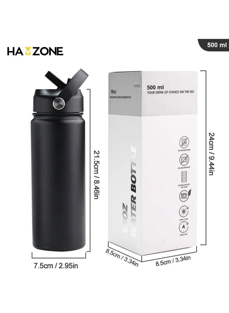 Hamzone Sports Water Bottle, Insulated Stainless Steel Thermal Water Bottle with Straw Lid, Leak Proof Double Wall Thermos for Hot and Cold Drinks, Wide Mouth, 500ml, Ideal for Gym, Office, School, Camping, Black - Image 5
