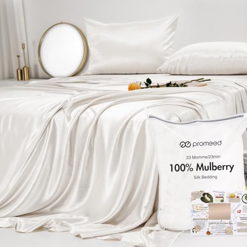 PROMEED 100 Pure Mulberry White Silk Sheet Set 4pcs 23 Momme Grade 6A Silk Bed Sheets Set with Cooling Sheets and Pillowcases White Queen