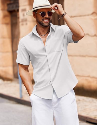 COOFANDY Short Sleeve Shirts for Men Button Down Casual Wear for Beach Yoga Surf White - Image 3