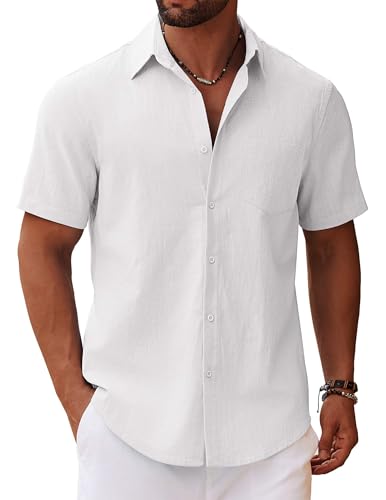 COOFANDY Short Sleeve Shirts for Men Button Down Casual Wear for Beach Yoga Surf White - Image 1