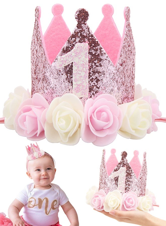 Baby Birthday Crown, Princess Crowns Tiara Girls Party Hat With Gold Glitter and Pink Roses for Birthday Party Pink - Image 1