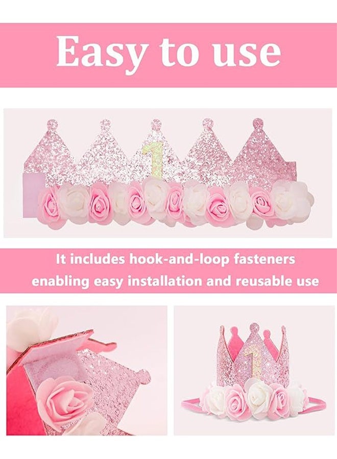 Baby Birthday Crown, Princess Crowns Tiara Girls Party Hat With Gold Glitter and Pink Roses for Birthday Party Pink - Image 3