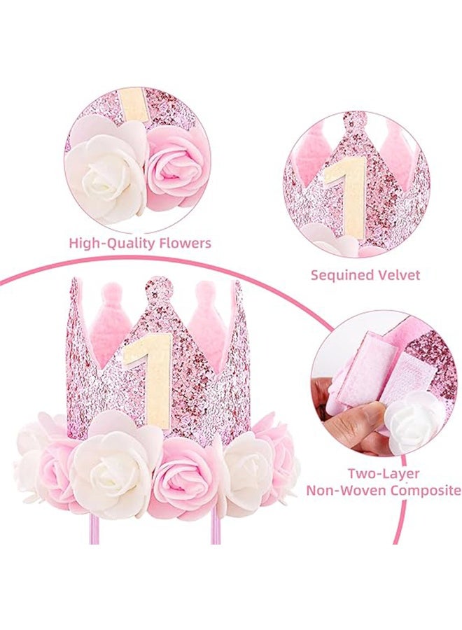 Baby Birthday Crown, Princess Crowns Tiara Girls Party Hat With Gold Glitter and Pink Roses for Birthday Party Pink - Image 2