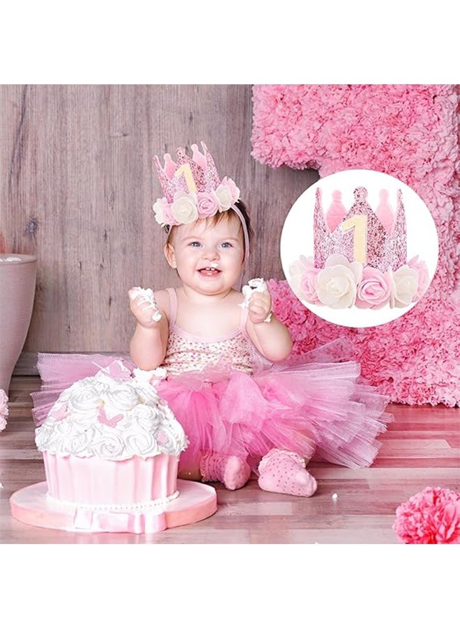Baby Birthday Crown, Princess Crowns Tiara Girls Party Hat With Gold Glitter and Pink Roses for Birthday Party Pink - Image 4