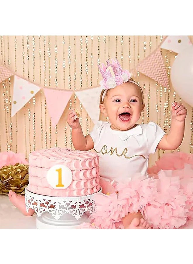 Baby Birthday Crown, Princess Crowns Tiara Girls Party Hat With Gold Glitter and Pink Roses for Birthday Party Pink - Image 5