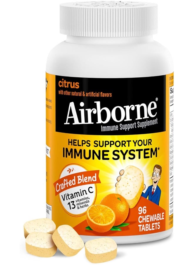 Airborne 1000Mg Chewable Tablets With Zinc, Immune Support Supplement With Powerful Antioxidants Vitamins A C & E - 96 Tablets, Citrus Flavor  - Image 1