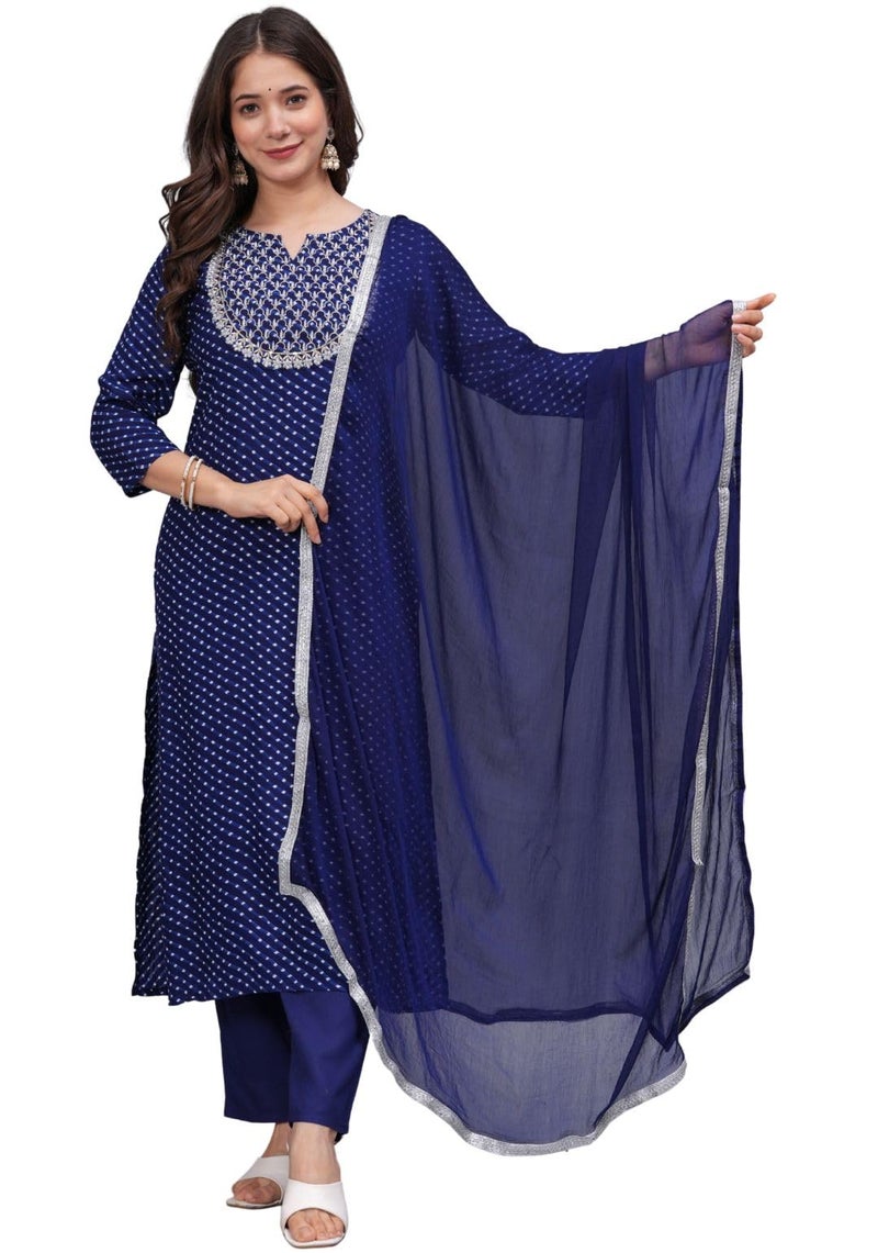 rytras Women's Embroidered Straight Kurta Set with Palazzo Pants & Dupatta- Ethnic Wear, Blue(RYT608-New,M) - Image 3