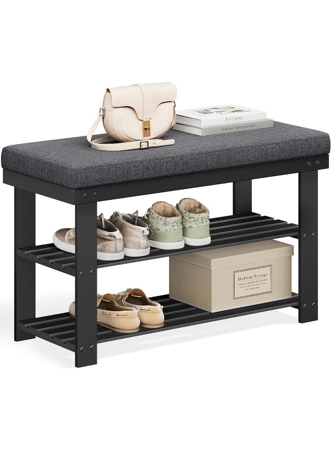 سونمجز مقعد أحذية من الخيزران من SONGMICS، منظم أحذية بثلاث طبقات للمدخل وغرفة المعيشة، مقعد يتحمل حتى 136.1 كج،30.2 × 71.9 × 48.8 سم, أسود حبري ورمادي أردوازي - Image 2