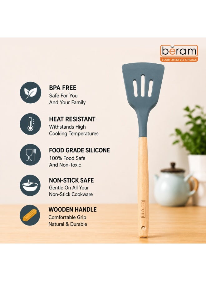 بيرام BERAM ملعقة تقليب مشقوقة من السيليكون بمقبض خشبي، مقاومة للحرارة، خالية من BPA، مصنوعة من سيليكون آمن للطعام، سباتولا غير لاصقة للقلي وتقليب وتقديم الطعام والطهي، بتصميم مريح للاستخدام، لون رمادي - Image 5