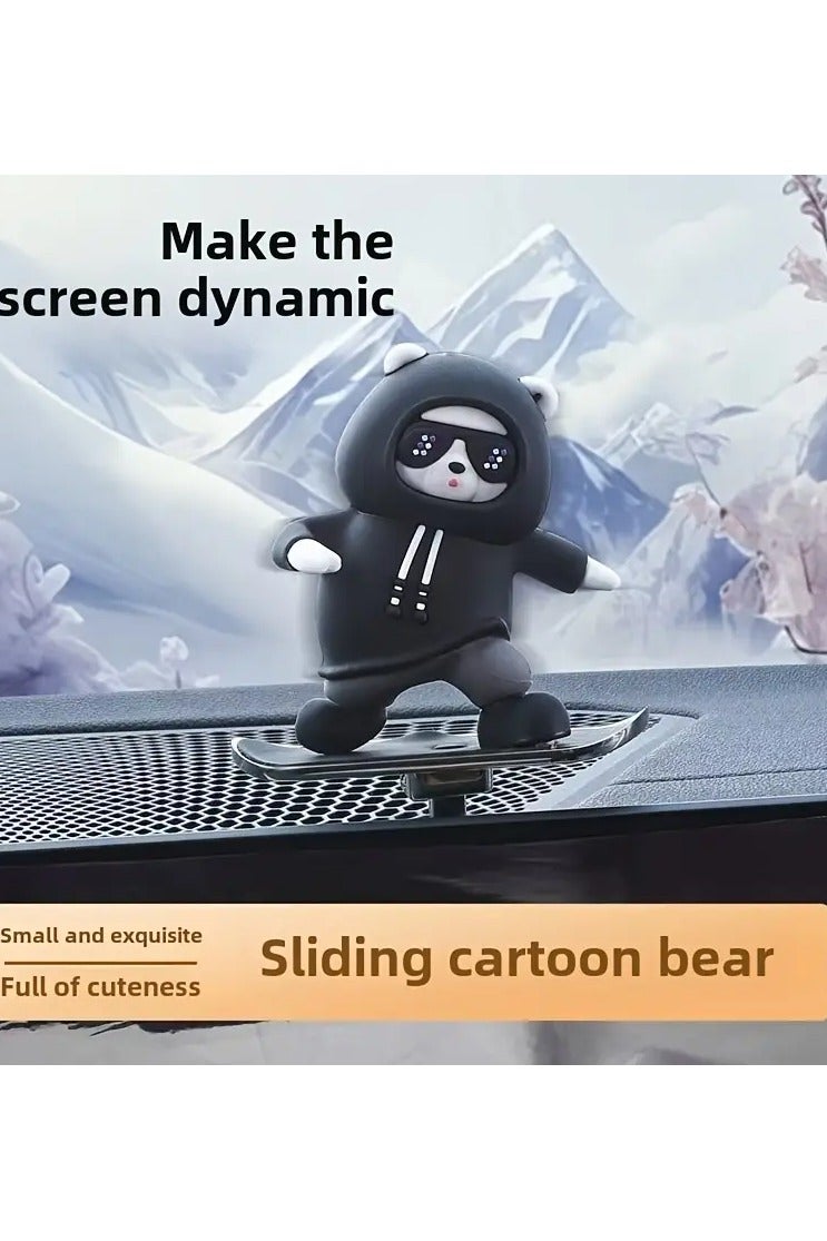 دب كرتوني لطيف يتزلج على الألواح - زخرفة لوحة القيادة - مصنوع من PVC، غير مشحون، ملحق مفعم بالحياة لداخل السيارة مع نظارات وسوداء هوديي، مثالي لعرضه على وحدة التحكم أو الشاشة. - Image 3