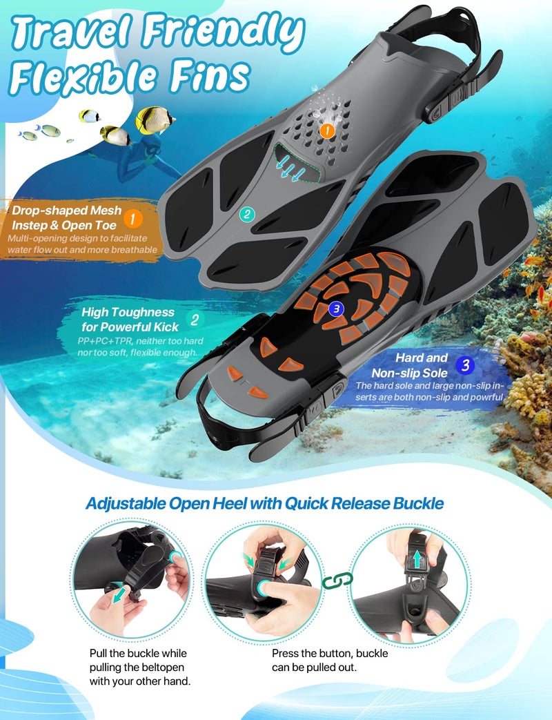 Zenoplige Mask Fins Snorkel Set, Snorkeling Gear for Adults, Panoramic View Snorkel Mask Anti-Fog, Adjustable Dive Flippers, Dry Top Snorkel and Travel Bag, Scuba Gear for Swimming Snorkeling Diving - Image 4