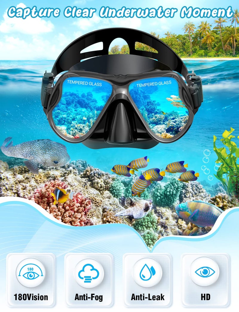 Zenoplige Mask Fins Snorkel Set, Snorkeling Gear for Adults, Panoramic View Snorkel Mask Anti-Fog, Adjustable Dive Flippers, Dry Top Snorkel and Travel Bag, Scuba Gear for Swimming Snorkeling Diving - Image 2