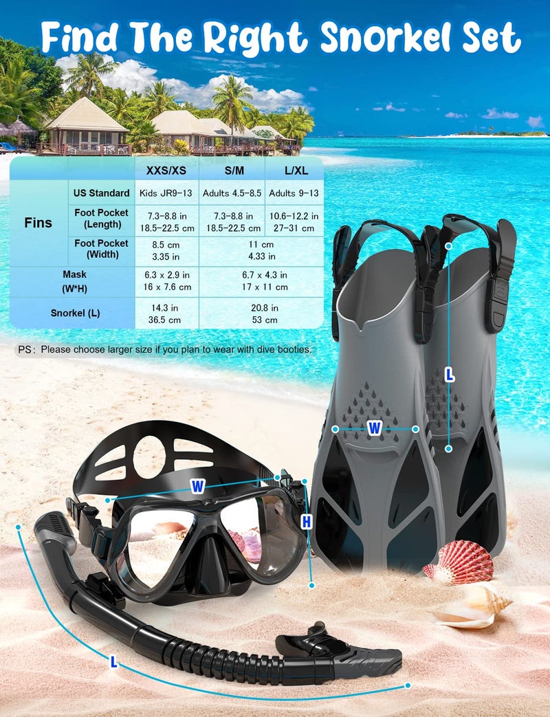 Zenoplige Mask Fins Snorkel Set, Snorkeling Gear for Adults, Panoramic View Snorkel Mask Anti-Fog, Adjustable Dive Flippers, Dry Top Snorkel and Travel Bag, Scuba Gear for Swimming Snorkeling Diving - Image 5