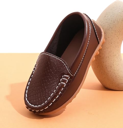 LONSOEN Toddler/Little Kid Boys Girls Soft Synthetic Leather Loafer Slip-On Boat-Dress Shoes/Sneakers,Brown,SHF103 CN21 - Image 4