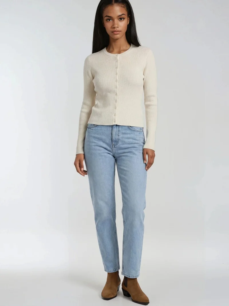 MixRay Natural Mixray Buttoned Slim Fit Ribbed Knit Cardigan for Women | Best Price UAE
