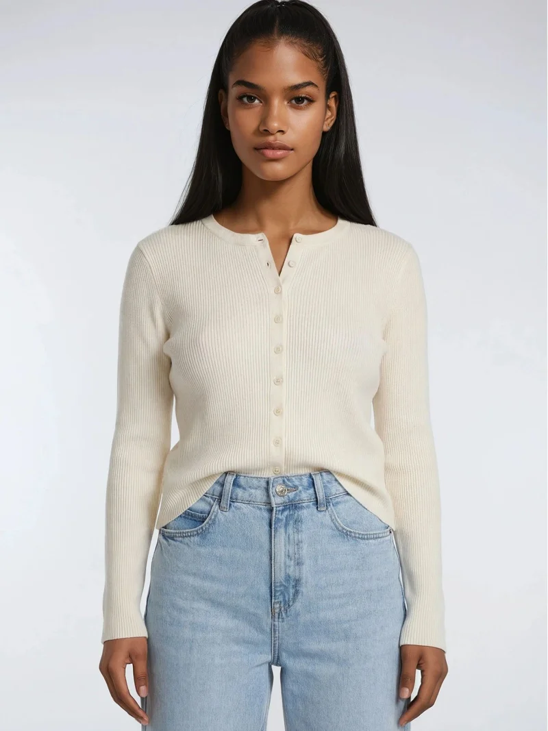 MixRay Natural Mixray Buttoned Slim Fit Ribbed Knit Cardigan for Women | Best Price UAE