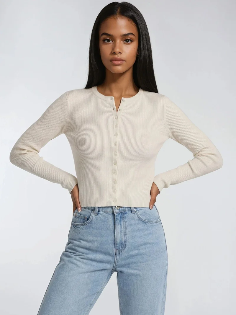 MixRay Natural Mixray Buttoned Slim Fit Ribbed Knit Cardigan for Women | Best Price UAE