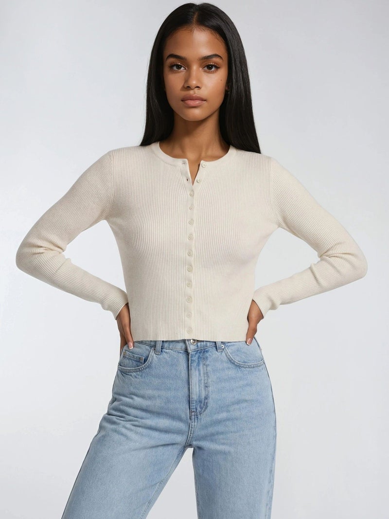 Mixray Buttoned Slim Fit Ribbed Knit Cardigan - Image 2
