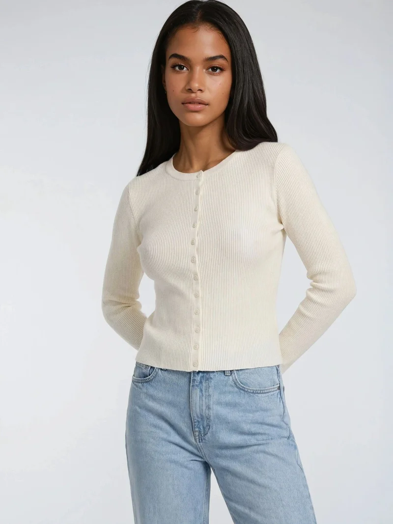 MixRay Natural Mixray Buttoned Slim Fit Ribbed Knit Cardigan for Women | Best Price UAE