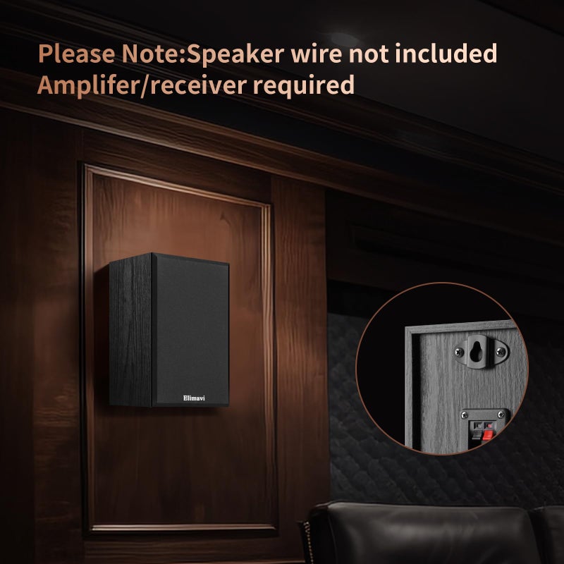 Elimavi Passive Bookshelf Speakers for Home Theater Surround Sound, Satellite Stereo Speakers with Classic Wood Grain for Record Player/Computer/TV, Wall Mountable, Cable Included, Black - Image 4