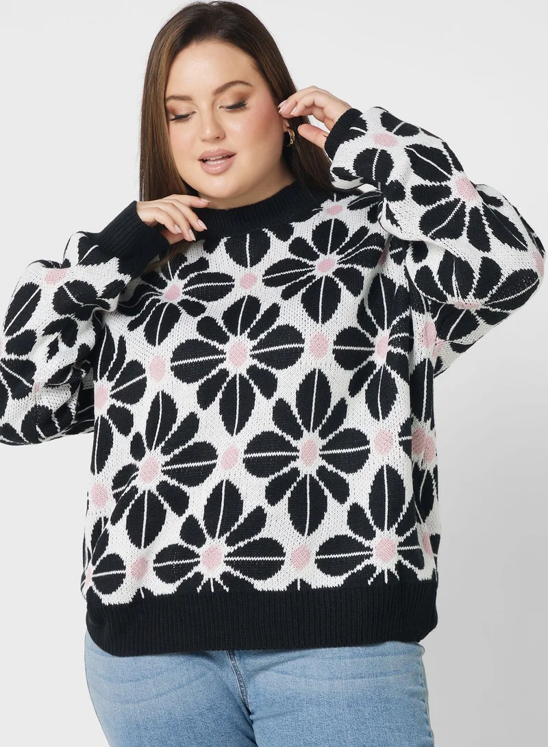 Ella Plus Floral Printed Crew Neck Sweater