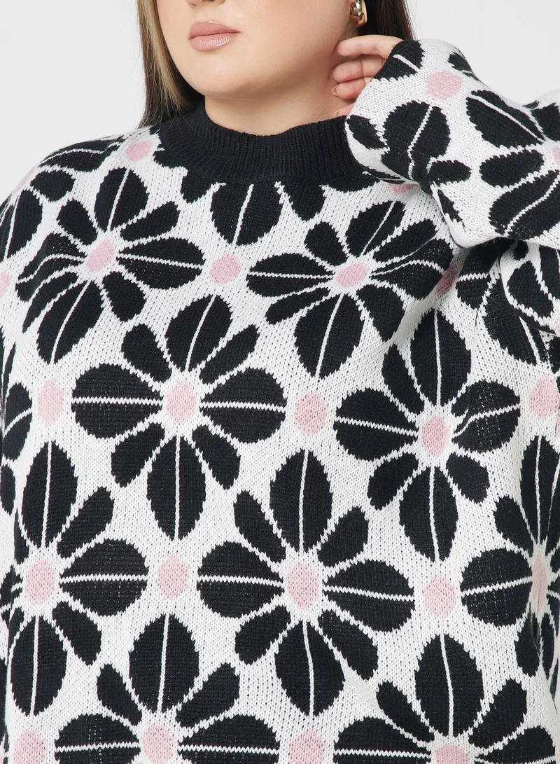 Ella Plus Floral Printed Crew Neck Sweater