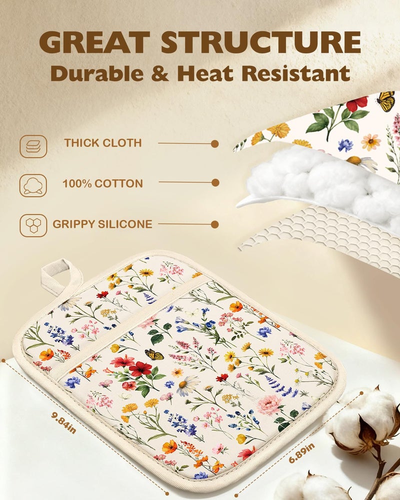 Slohif Silcone Flowers Pot Holders for Kitchen - 100% Cotton Beige Cute Oven Potholders with Pockets, Heat Resistant Square Thick Hot Pads, House New Home Baking Baker Gifts,2pack - Image 2