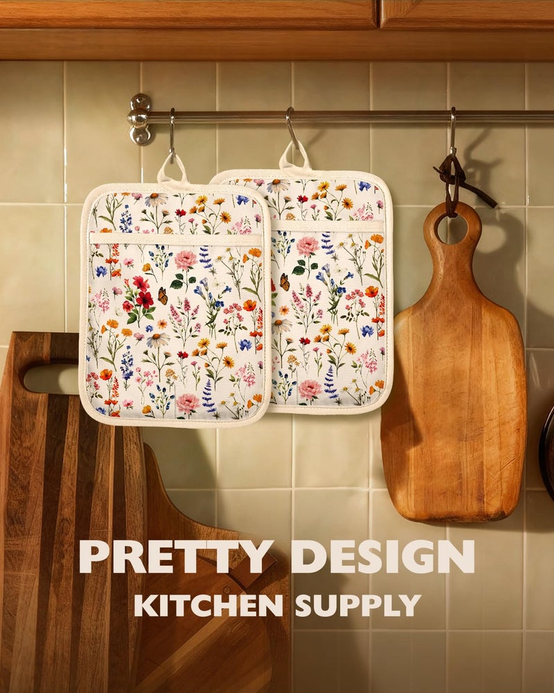Slohif Silcone Flowers Pot Holders for Kitchen - 100% Cotton Beige Cute Oven Potholders with Pockets, Heat Resistant Square Thick Hot Pads, House New Home Baking Baker Gifts,2pack - Image 5