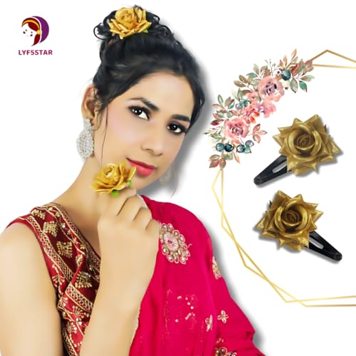 LYF5STAR Handmade Artificial Golden Rose Flower Tiktok Hairpin | Bridal Hair Accessories | Artificial Golden Rose Hair pin | Stylish and Elegant Hair Accessories for Women & Girls | Pack of 2 - Image 2