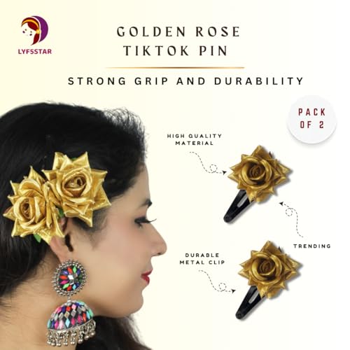 LYF5STAR Handmade Artificial Golden Rose Flower Tiktok Hairpin | Bridal Hair Accessories | Artificial Golden Rose Hair pin | Stylish and Elegant Hair Accessories for Women & Girls | Pack of 2 - Image 3