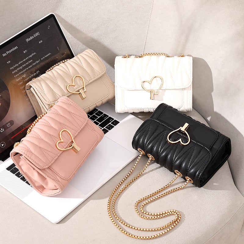 Women'S Shoulder Bag Folded Embroidered Heart-Shaped Lock Buckle Golden Chain Crossbody Square Bag Casual Bag - Image 2