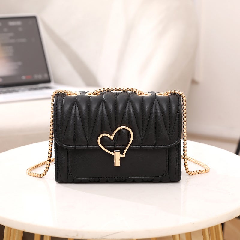 Women'S Shoulder Bag Folded Embroidered Heart-Shaped Lock Buckle Golden Chain Crossbody Square Bag Casual Bag - Image 3