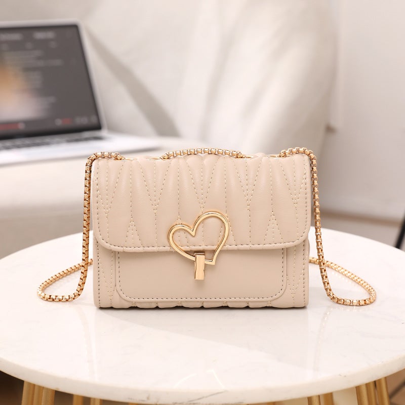 Women'S Shoulder Bag Folded Embroidered Heart-Shaped Lock Buckle Golden Chain Crossbody Square Bag Casual Bag - Image 1
