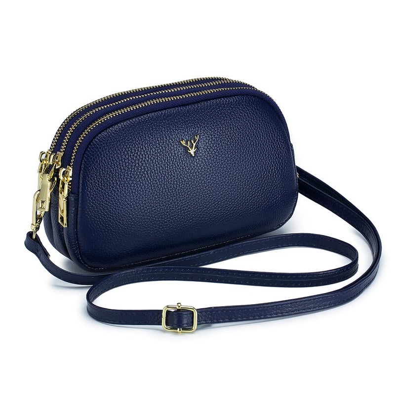Dgffan Triple Zip Small Crossbody Bags Genuine Leather Shoulder Handbags Trendy Design Cellphone Purses for Women and Girls(blue) - Image 1